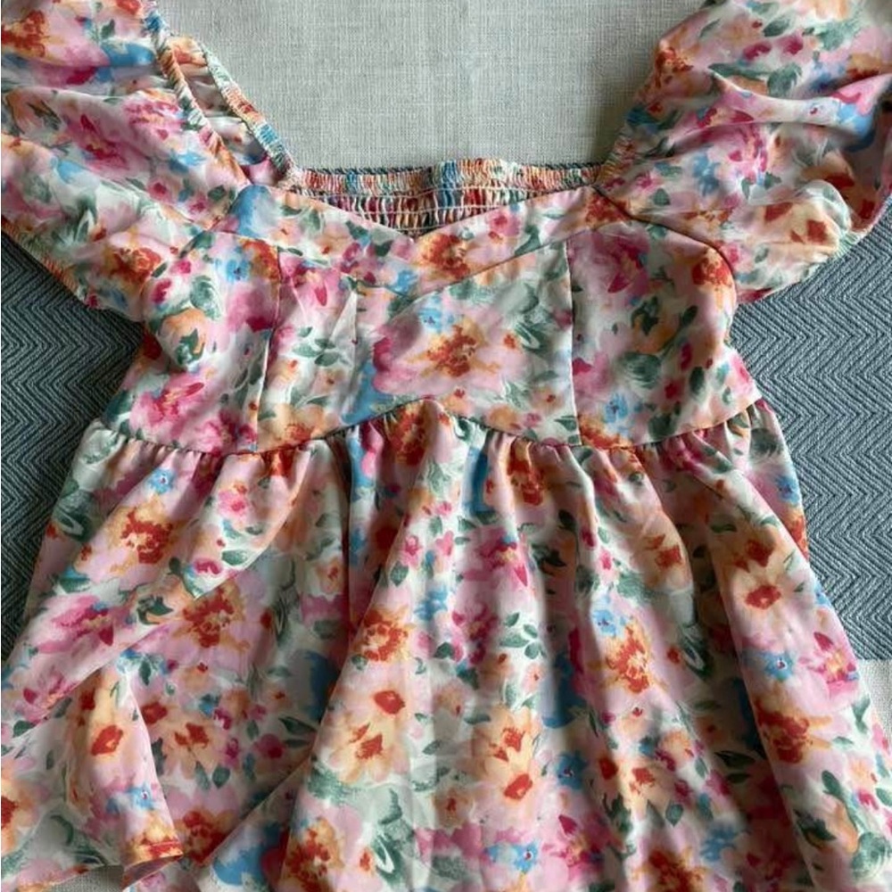 SHEIN Pink and Blue Floral Blouse with Ruffle Sleeves